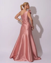 Vestido de Festa Longo Zibeline um Ombro Só Flor Removível Saia Sereia Rose