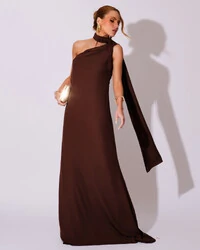 Vestido de Festa Longo Crepe Chiffon Um Ombro Só Drapeado Marrom