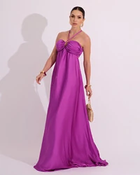 Vestido de Festa Longo Cetim Fluido Frente Única Costa Cruzada Fúcsia
