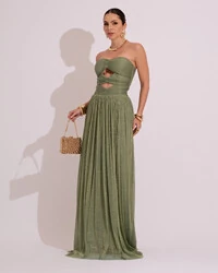 Vestido de Festa Longo Tule Brilho Tomara que Caia Recortes Verde Oliva