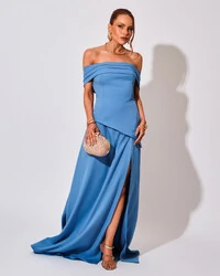 Vestido de Festa Longo Alfaiataria Ombro a Ombro Drapeado com Fenda Azul Atlantis