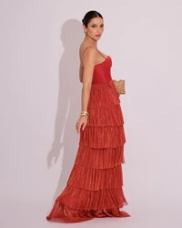 Vestido de Festa Longo Tule Glitter com Camadas Terracota