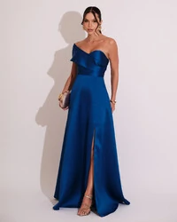 Vestido de Festa longo Faixa Ombro e Fenda Zibeline Azul Royal