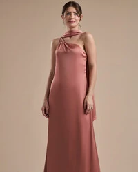 Vestido de Festa Longo em Cetim Fluido um Ombro Só com Lenço Rosa Blush