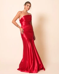 Vestido de Festa Longo Cetim Malha Metálico Ombro a Ombro Vermelho