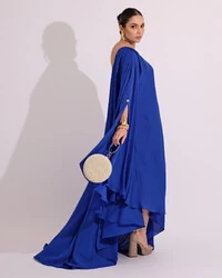 Vestido de Festa um Ombro com Capa Crepe Fluido Azul Royal
