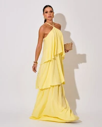 Vestido Longo Crepe Chiffon Babado em Camadas Amarelo Manteiga