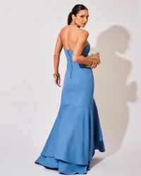 Vestido Longo com Fenda de Babados Alfaiataria Azul Atlantis