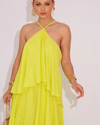 Vestido Longo Babado em Camadas Verde Lima New