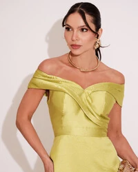 Vestido de Festa Longo Zibeline Ombro a Ombro com Fenda Verde Lima