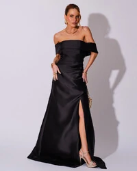 Vestido de Festa Longo Zibeline Ombro a Ombro Drapeado e Fenda Preto