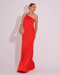 Vestido Longo de Festa em Cetim Fluido Um Ombro Só Vermelho