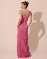 Vestido de Festa Longo Tule com Saia Babado Pink