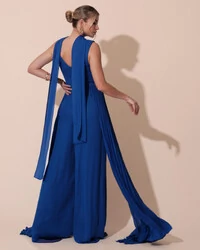 Macacão de Festa Longo Crepe Pantalona Plissado e Lenço Azul Royal