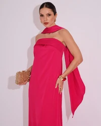 Vestido Longo de Festa Tomara que Caia Cetim com Lenço Pink