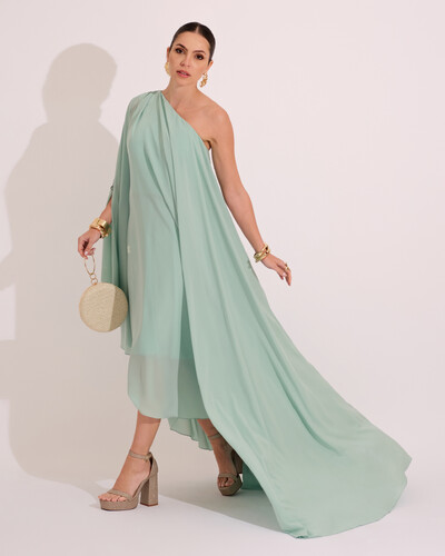 Foto Vestido de Festa um Ombro com Capa Crepe Fluido Verde Menta