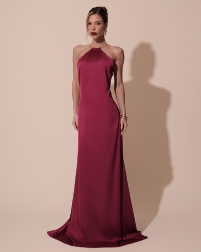 Foto Vestido de Festa Longo Cetim Fluido com Argola Frente Única Beterraba