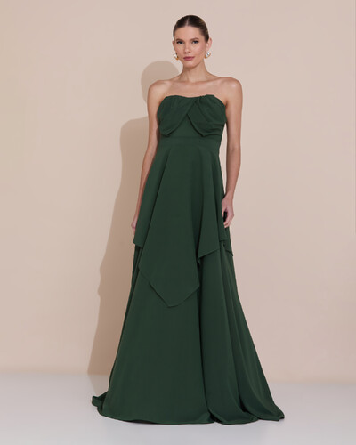 Foto Vestido de Festa Longo Tomara que Caia Crepe Chiffon Drapeado Camadas Verde Escuro New