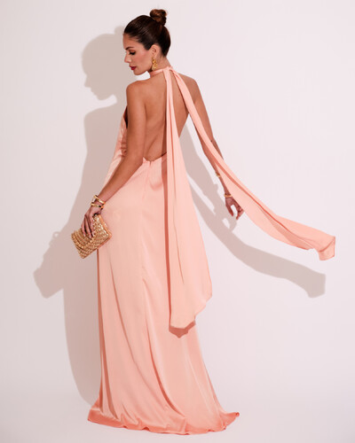 FotoVestido de Festa Gola Alta com Decote nas Costas Acetinado Rose Gold