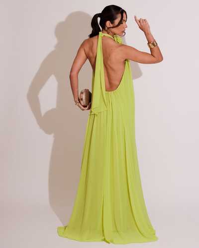 FotoVestido Longo Crepe Frente Única Fluido Flor Removível Verde Lima