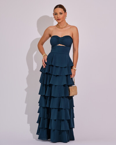 Foto Vestido Longo Crepe Chiffon Tomara que Caia Plissado em Camadas Verde Escuro