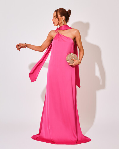 Foto Vestido de Festa Longo em Cetim Fluido um Ombro Só Rosa