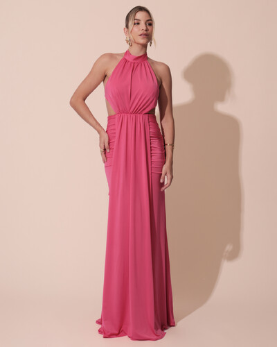 Foto Vestido de Festa Longo Malha Jersey Gola Alta Saia Sereia Pink New