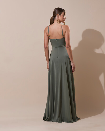 Foto Vestido de Festa Longo Crepe Chiffon Drapeado com Alças e Saia Fluida Verde Oliva