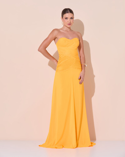 Foto Vestido de Festa Longo Decote Coração Crepe Chiffon Drapeado Plissado Lenço Laranja Manga New