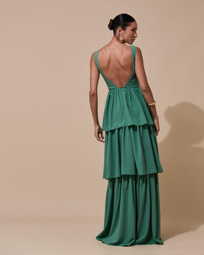 Foto Vestido de Festa Longo Decote V Crepe Chiffon Plissado Camadas Babado Verde Macha Escuro