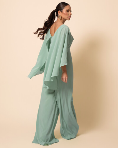 FotoMacacão de Festa Longo Crepe Chiffon com Capa Verde Menta