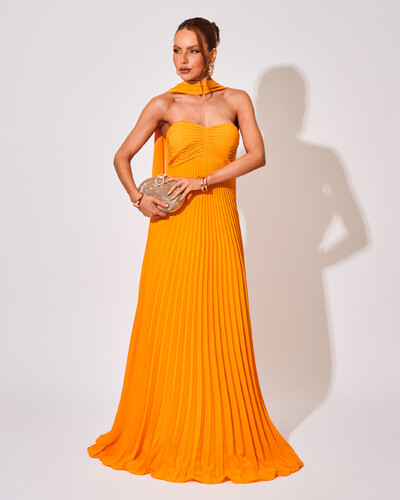Foto Vestido de Festa Longo Tomara que Caia Plissado com Lenço Mango Sorbet