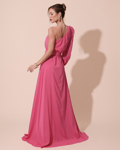 FotoVestido de Festa Longo um Ombro Só Manga Longa com Cinto Pink New