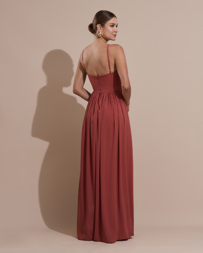 Foto Vestido de Festa Longo Crepe Chiffon Drapeado com Alças Finas Terracota