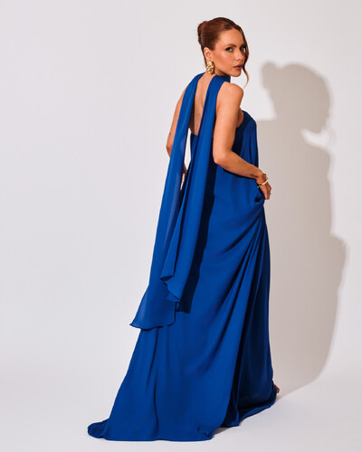 FotoVestido de Festa Longo Crepe Tomara que Caia com Lenço Azul Royal