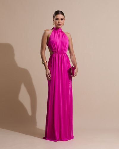 Foto Vestido de Festa Longo Malha Jersey Gola Alta Saia Sereia Pink