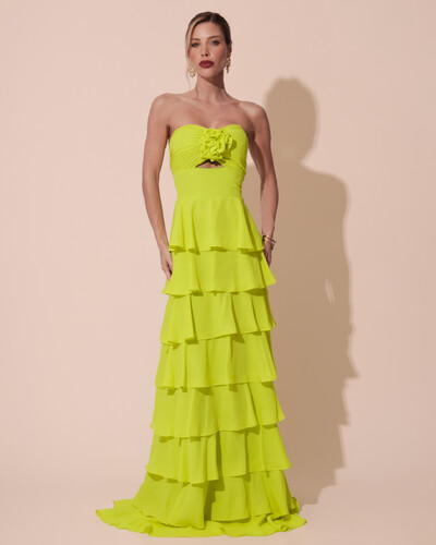 Foto Vestido Longo Crepe Chiffon Tomara que Caia Plissado em Camadas Verde Lima