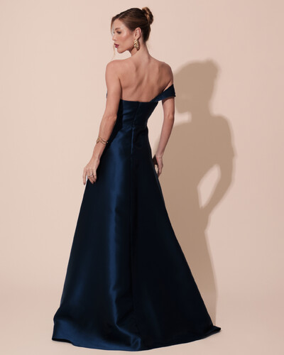 FotoVestido de Festa Longo Zibeline um Ombro Só Mullet Azul Marinho