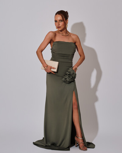 Foto Vestido Longo Tomara que Caia Malha Fenda Verde Oliva