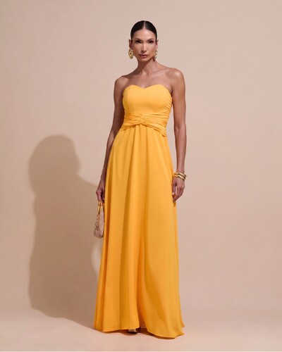 Foto Vestido de Festa Longo Tomara Que Caia Crepe Chiffon Drapeado Capa Laranja Manga New