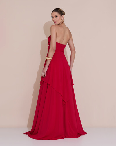 Foto Vestido de Festa Longo Tomara que Caia Crepe Chiffon Drapeado Camadas Vermelho