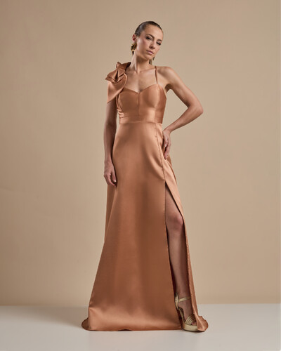 Foto Vestido de Festa Longo em Zibeline com Laço Removível Mocha Mousse New