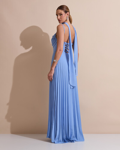 Foto Vestido de Festa Longo Crepe Chiffon Plissado Trançado e Lenço Azul Atlantis