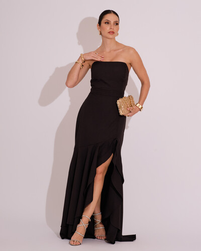 Foto Vestido Longo com Fenda de Babados Alfaiataria Preto