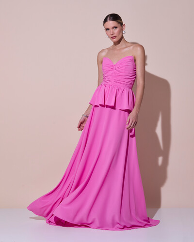 Foto Vestido de Festa Longo Crepe Chiffon Tomara que Caia Peplum Drapeado Rosa New
