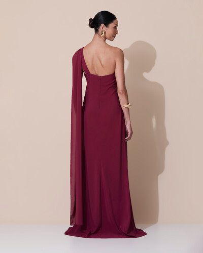 Foto Vestido de Festa Longo Crepe Chiffon Um Ombro Só Drapeado Marsala New