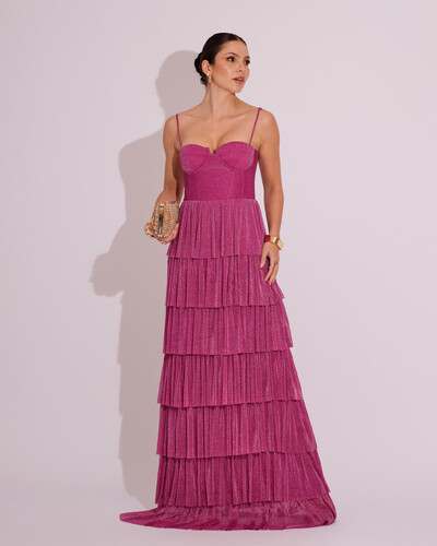 Foto Vestido de Festa Longo Tule Glitter com Camadas Fúcsia