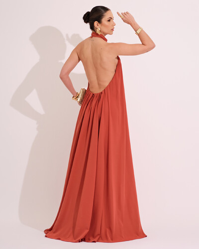 FotoVestido Longo Crepe Chiffon Frente Única Fluido Flor Removível Terracota