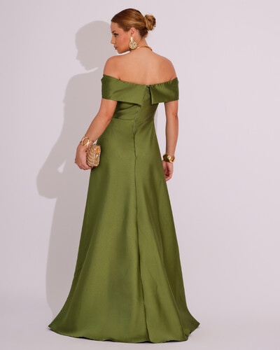 FotoVestido de Festa Longo Ombro a Ombro Laço Zibeline com Fenda Verde Oliva