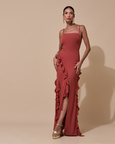 Foto Vestido de Festa Longo Alças Finas Crepe Chiffon Babado Cascata Fenda Costas V Terracota